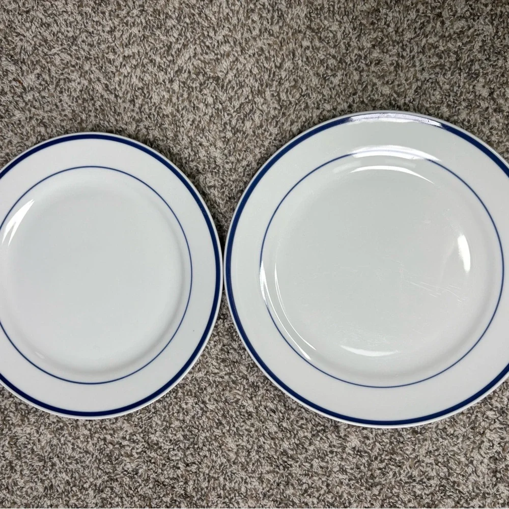 Oneida Maître d dinner plates. 2 plates white with blue circle trim